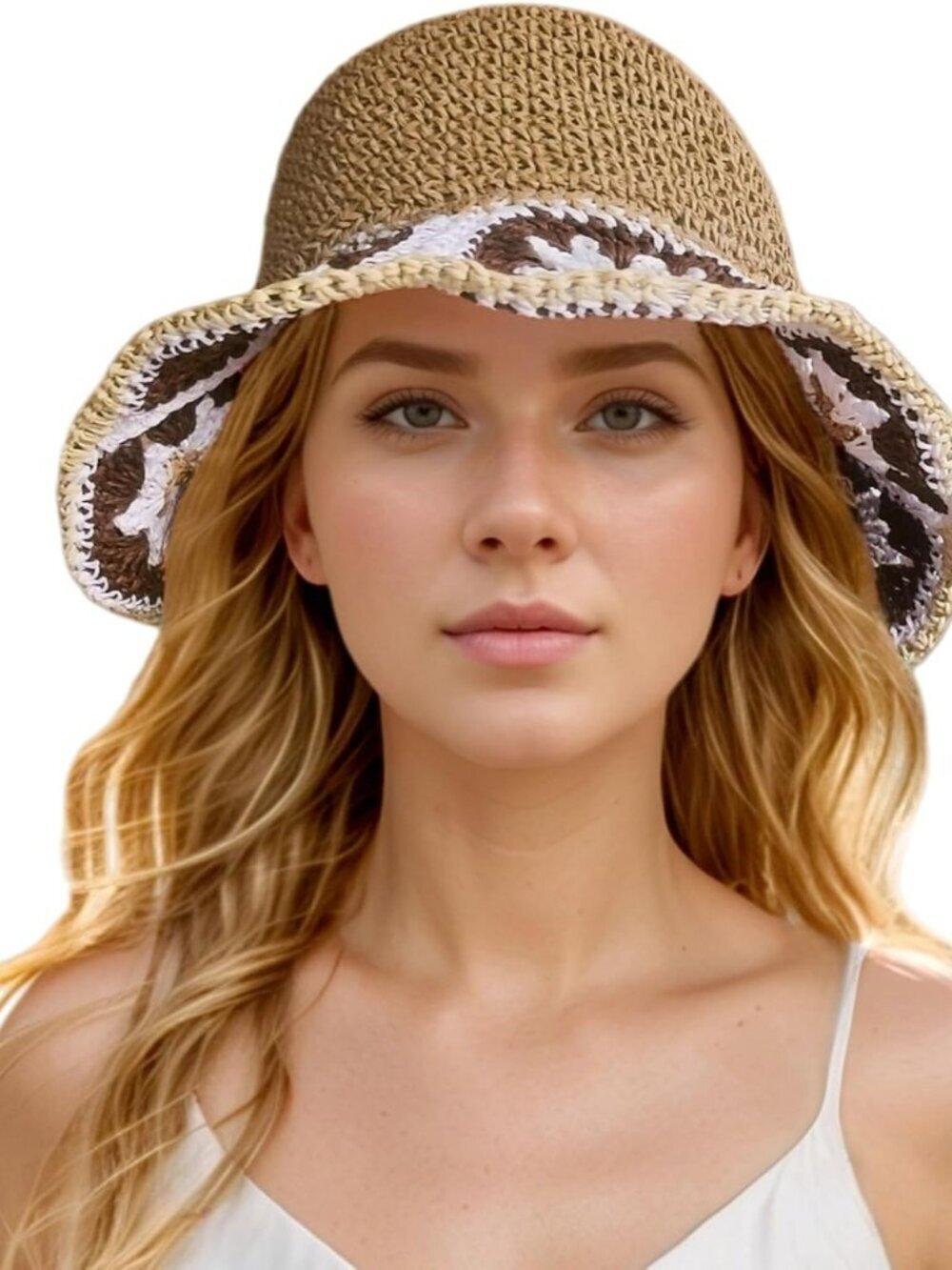 Women Foldable Summer Wide Brim Packable Sun Hat Travel Straw Fedora Hat Floral4